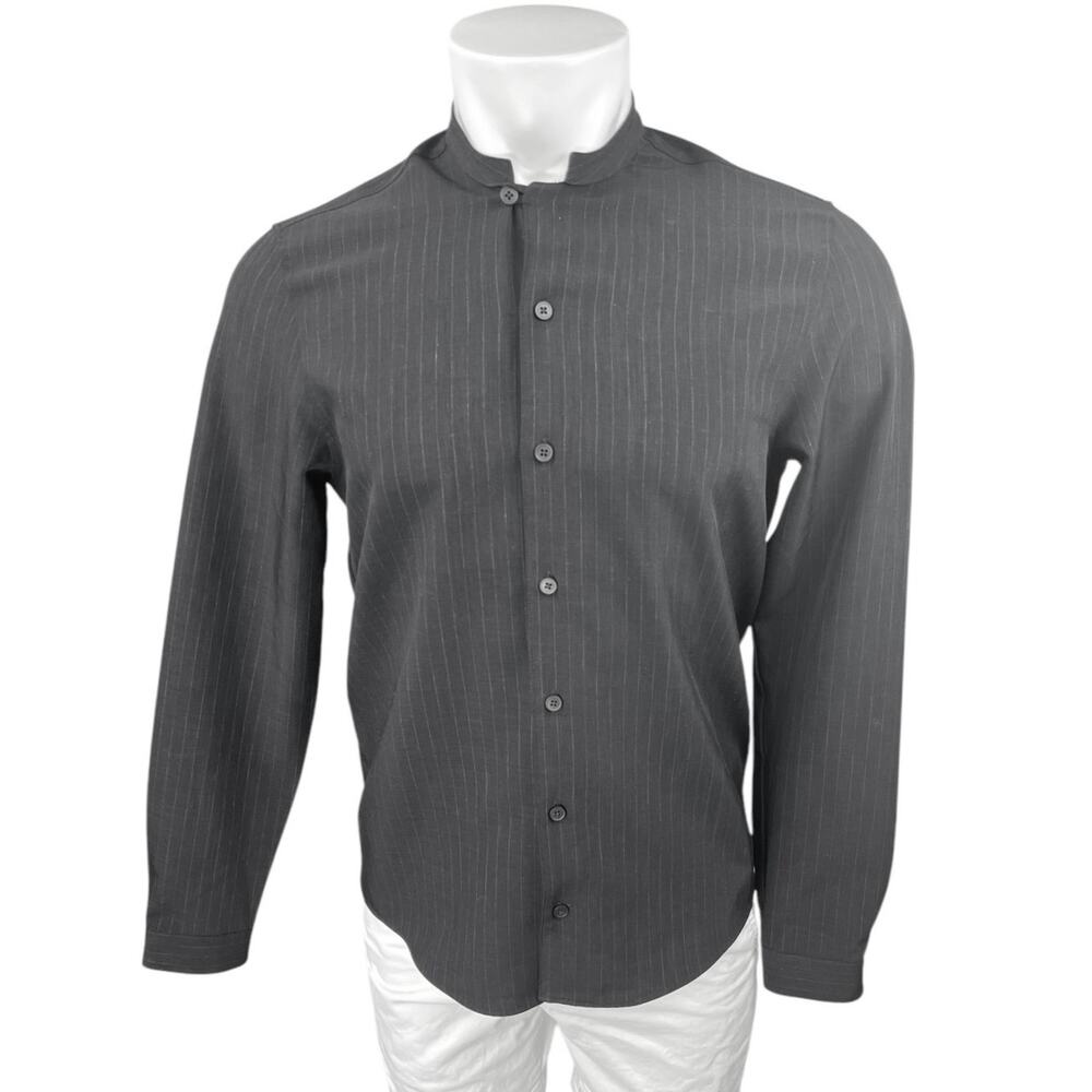 Zara Men's Gray Pinstriped Band Collar Long Sleeve Button Down Shirt Top Size S